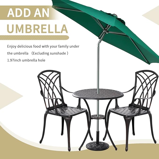 Withniture 3 Piece Patio Bistro Set Outdoor Bistro Table Set Anti Rust Bistro Table and Chairs w/Umbrella Hole, Durable Patio Set for Porch, Balcony