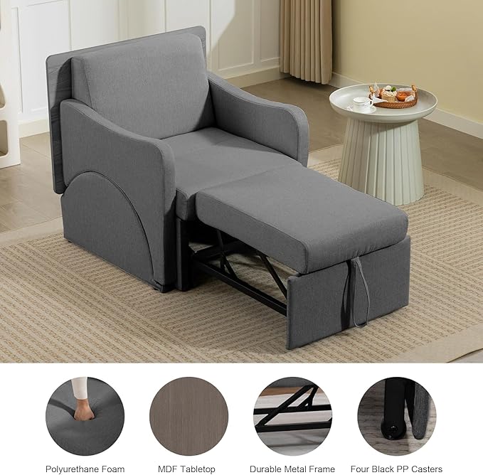 Reading Chair, Chaise Lounge Chair Indoor, 3 in 1 Multiple Convertible Pull Out Lounge Couch, Fabric Reading Chairs, Single Sleeper Sofa with Adjustable Backrest for Dorm, Bedroom, College, Grey