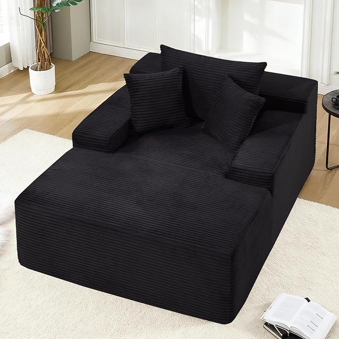 67.3'' Oversized Chaise Lounge Chair Indoor,Corduroy Boneless Couch with 3 Pillows Wide Armrest,Comfy Cloud Couch Sleeper Sofa Reading Chairs for Living Room Bedroom,No Assembly Required (Black)