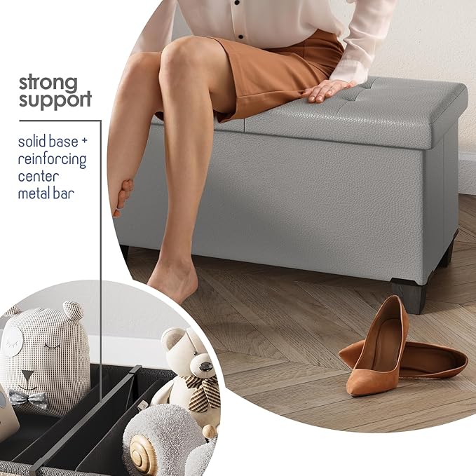 Storage Ottoman Bench with Bins, 43-in Storage Bench for Bedroom End of Bed, Folding Foot Rest Ottoman for Living Room Max 660lbs, Faux Leather Ottomans, Light Grey