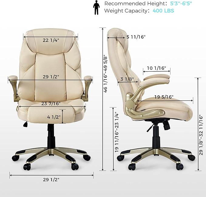 EUREKA ERGONOMIC Galene Executive Office Chair Flip Up Arm Rest, Ergonomic Desk Chair Faux Leather Computer Chair, High Back Office Chair with Headrest, Home Office Desk Chairs with Wheels, Beige