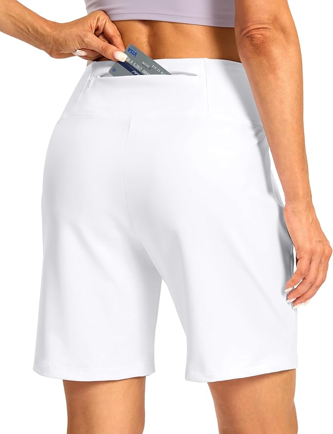 Women's Athletic Shorts with Zipper Pocket 7" High Waisted Stretchy Bermuda Shorts for Women Workout Running Casual