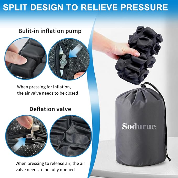 Sodurue Travel Cushion Airplane Seat,Airplane Seat Cushion for Long Flights,Press Type Air Inflatable Wheelchair Seat Cushion for Car,Office,Stadium,Ergonomic Comfort Support,Heavy Duty (36 Air Bag)