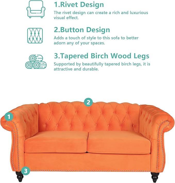 QHITTY Accent Sofa, Chesterfield Loveseat Modern Velvet Couch Upholstered Sofa with Tufted Back for Living Room Furniture (Orange)