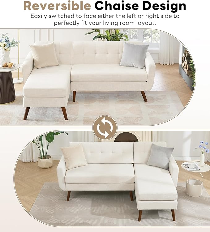 Tbfit L Shaped Couch Sofa, 80" W Mid-Century Modern Sectional Couches, 3 Seater Sofas with Wide Chaise Lounge, Button Tufted Upholstered Sectional Sofa for Living Room, Bedroom, Beige | linen fabric, button tufted, solid wood foot, pocket spring, wood ...