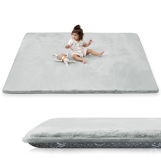 PaPaMat 1.5" Super Thick Baby Play Mat for Floor, 79x118 Pro Soft Flannel Foam Mats for Toddler Infant Kids Crawling for Nursery Rug Playroom Living Room Waterproof Easy Care Non-Slip (Light Grey)