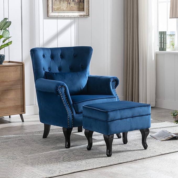 LZAREAL Accent Reading Arm Chairs with Ottoman for Living Room Bedroom, Midcentury Modern Comfy Corner Sofa Chair, Wingback Waiting Room Club Chair with Button Tufted Back &Lumbar Pillow, Velvet Blue