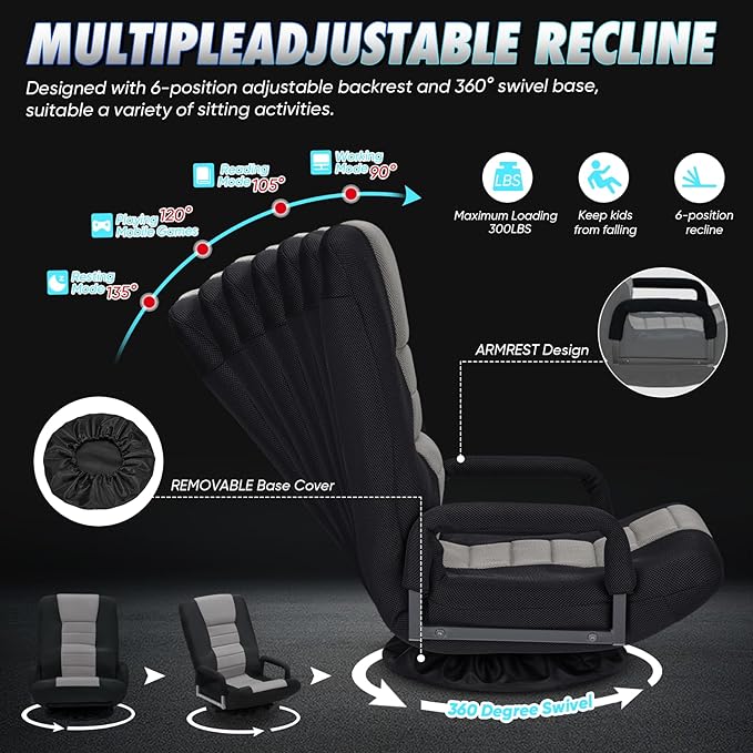 Swivel Gaming Chair 360 Degree Multipurpose 2PACK Floor Chair w/Armrest & 6 Adjustable Postions Backrest for Adults & Kids, for Reading, Gaming, Watching, Relaxing, Grey