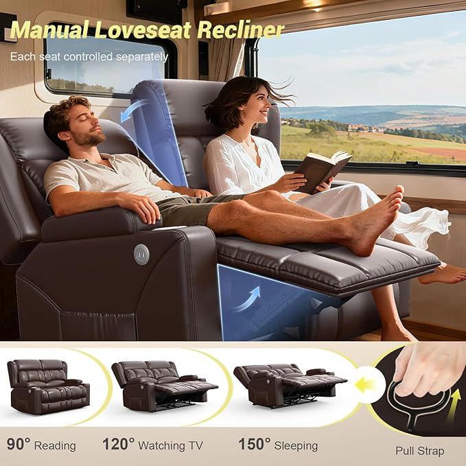 FURNIMAT RV Loveseat Recliner Sofa, 2 Seater Reclining Loveseat Sofa, PU Leather Dual Recliner Couch, Modern Loveseat Couch for Living Room, with Cup Holder and USB Ports, Brown