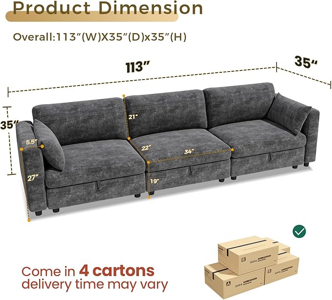 KKL Modular 113" Sectional Sofa - 3 Seater Couches for Living Room, Sofa Couch with Adjustable Backrest, Modular Couch with Comfy Cushion, Chenille, Grey