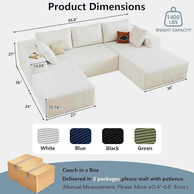 96" W Cloud Sectional Couch with Ottoman,Modern U-Shaped Cloud Couch with Deep Seat,Comfy Corduroy 3-Seater Sofa,Memory Foam Sofa for Living Room,No Assembly (White,Right-Facing Chaise)