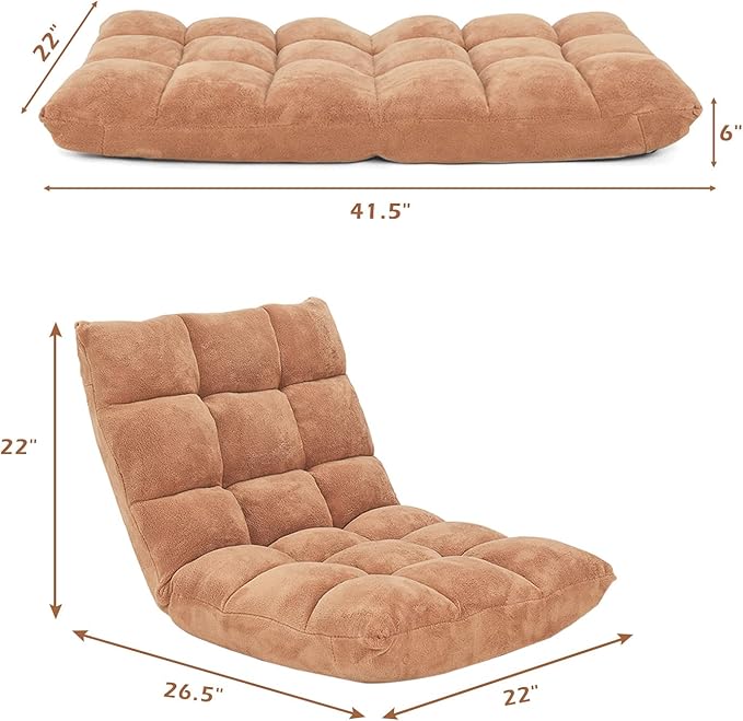Floor Chair with Back Support, Foldling Gaming Sofa Chair with Comfy Cushion, Adjustable 14-Position Meditation Chairs, Lazy Lounge Recliner Reading Seat for Adults, Kids (Tan)