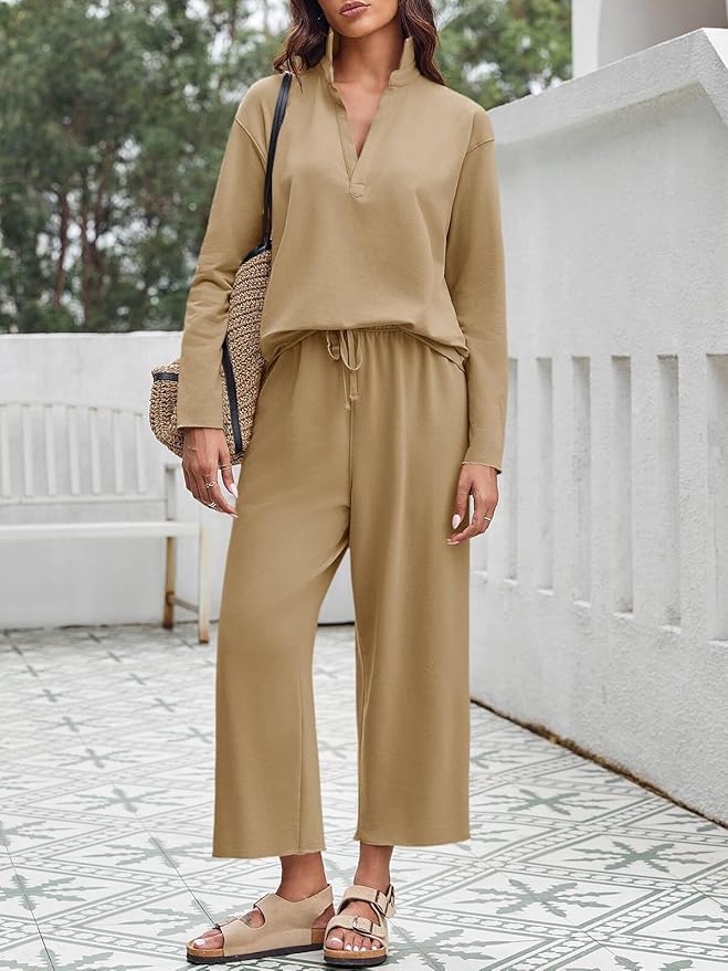 Imily Bela Womens 2 Piece Outfits Sweatsuit Long Sleeve Lapel V Neck Shirt and Wide Leg Pants 2025 Fall Trendy Tracksuit