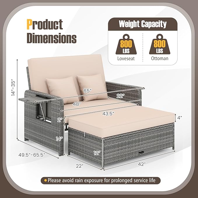 RELAX4LIFE Wicker Patio Outdoor Daybed - Rattan Day Bed Lounger w/Loveseat & Storage Ottoman, Sunbed Sofa Set w/Cushions, 4-Level Adjustable Backrest & 2 Retractable Trays, Patio Daybed (Beige-Grey)