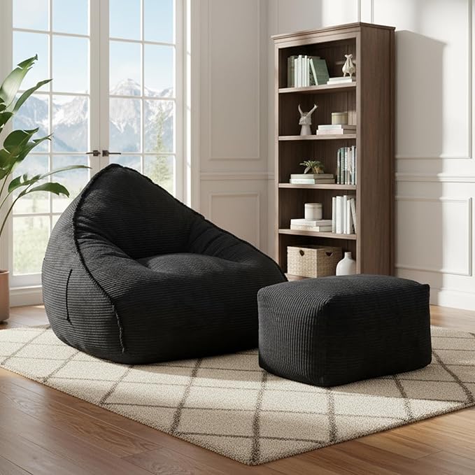 Cloud Bean Bag Chair with Ottoman for Adults, Comfy Corduroy Chaise Lounge Chair with High-Resilience Foam, Boneless Reading Chair for Bedroom & Living Room (Black)