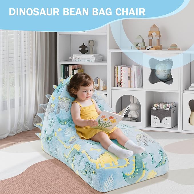 COMAX Dinosaur Bean Bag Chairs for Kids, Kid Beanbag Chair with Filler, Toddler Lounge Bean Chair, Children Lazy Floor Lounger for Girls Boys, Glowing Blue Dino