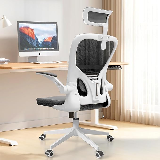 Office Chair Ergonomic Desk Chair with Lumbar Support&Headrest&Flip-up Arms Height Adjustable Rocking Swivel High Computer Chair Multi-Angle from 90° to 125° with 350LBS Capacity (03White+Black)