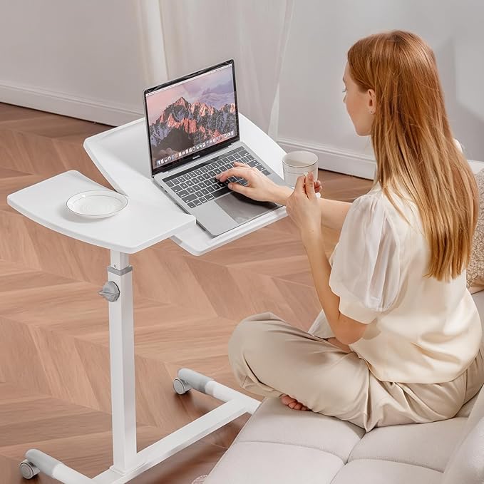 GTRACING Mobile Small Standing Desk, Tiltable Sit Stand Portable Rolling Laptop Desk with Lockable Wheels, Adjustable Height Overbed Bedside Table Computer Workstations, White