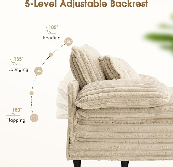 54.8" W Oversized Chaise Lounge Chair Indoor with 5-Position Adjustable Backrest, Plush Sleeper Sofa Bed with Pillows, Upholstered Cloud Couch Chair for Living Room, Study Room, Khaki