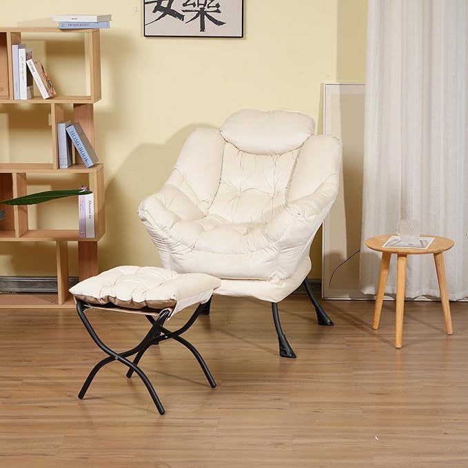 Modern Lazy Chair with Ottoman, Comfortable Lounge Chair for Bedroom, Chair and Ottoman Set, Lounge Accent Chair with Footrest for Bedroom, Garden and Courtyard (White)