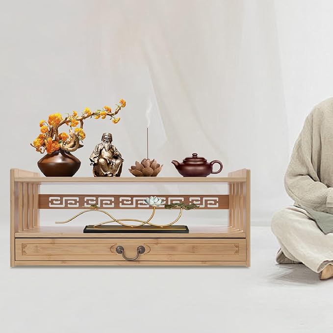 Floor Table Low 2-Tier Meditation Altar Table with Drawers Bamboo Coffee Table Desktop Organizer for Japanese Tatami Chinese Asia, Prayers, Displaying Jars/Plants/Books-27.2*9.8*11in (Nature Color)