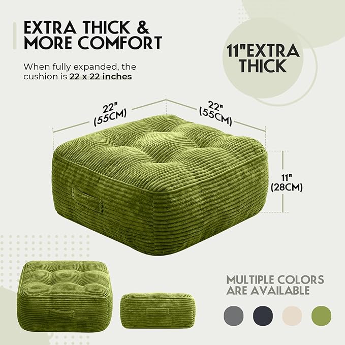 11In Washable Floor Pillow for Adults, Yoga & Meditation Cushion with Handle, Square Large Pillows Seating with Removable Tufted Corduroy Cover for Tatami Living Room Board Games, Green