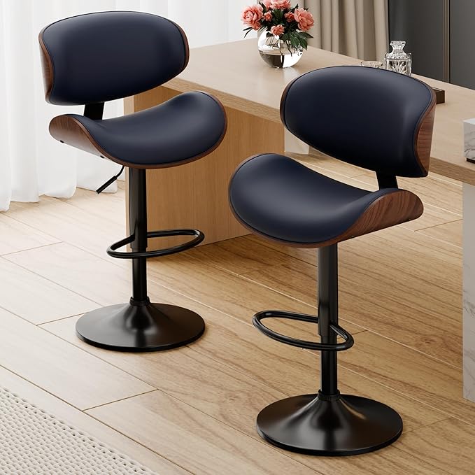 Aowos Bar Stools Set of 2, Adjustable Swivel Leather Bar Stools for Kitchen Island, Mid Century Modern Counter Height Bar Chairs Barstools with Back & Footrest (Blue)