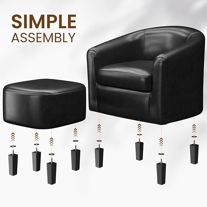 Yaheetech Accent Chair with Ottoman Set, Modern Faux Leather Upholstered Soft Barrel Chair and Footrest, Club Armchair and Footstool for Living Room/Bedroom/Reading Room/Guest Room, Black
