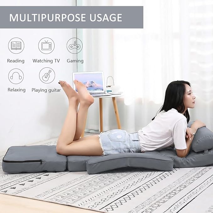 FLOGUOR 14-Position Adjustable Floor Chair, Chaise Lounge Indoor, Folding Lazy Sofa with Armrests and a Pillow Padded Adults Gaming Chairs for Living Room, Bedroom Factory Price,8803 (Grey（PU）)