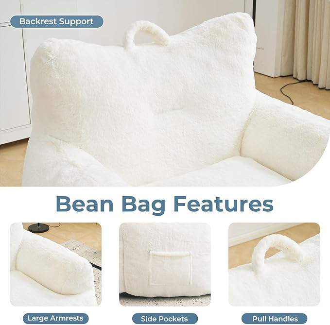 Giant Bean Bag Chair for Adults with Ottoman, Oversized Bean Bag with Filling Plush Fluffy,BeanBag Lazy Sofa Couch with Armrest for Living Room, Stuffed Floor Sofa with Sidepocket for Bedroom, Beige