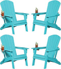 Plawdlik Folding Adirondack Chair, SGS Tested, Wooden Textured with Cup Holder, Heavy All-Weather HDPE Comfortable Set Poolside Backyard Lawn Aruba Blue Set 4
