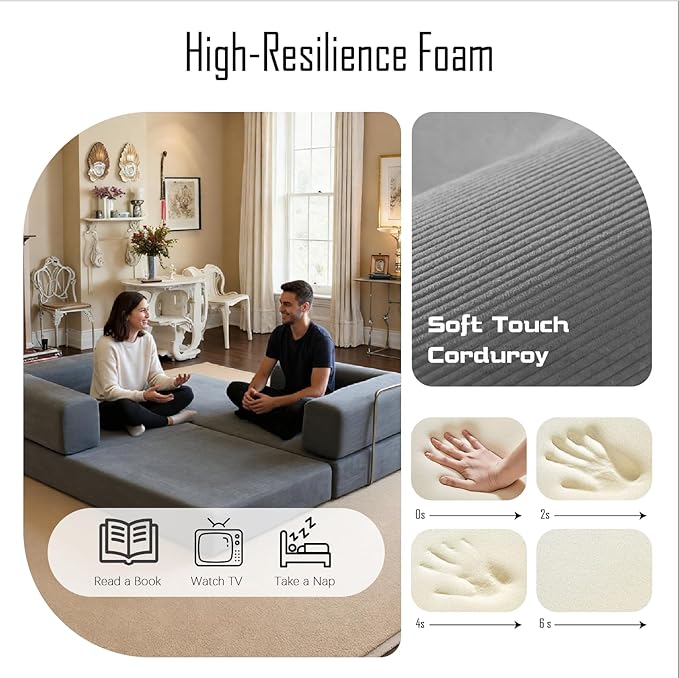 79 Inch Convertible Sofa Bed Couch in Box, 5 in 1 Folding Modular Boneless Couch with Pull Out Bed 2 Pillows, Soft Corduroy Floor Futon Lounge Loveseat Sleeper Lazy Cama No Assembly Light Grey