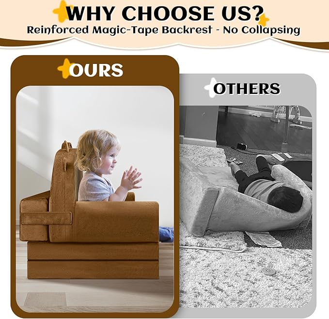 ORWIPO Kids Sofa Bed with Removable Washable Cover & Magic-Tape Backrest – Foldable Toddler Chair, Cozy Crystal Velvet Furniture for Playtime, Naps & Travel (Soft Brown, Bear Design)