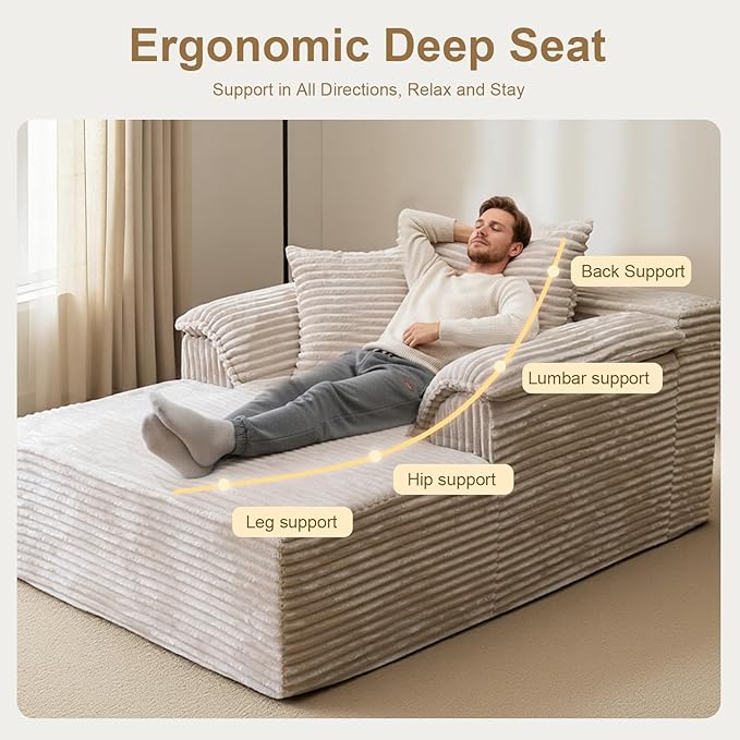 Oversized Chaise Lounge Chair Indoor, Upholstered Single 61'' Rolled Arm Boneless Cloud Sofa Bed Sleeper Couch, No Assembly Faux Rabbit Fur Memory Foam Reading Chair for Living Room Bedroom Beige