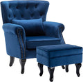 chairus Mid-Century Modern Accent Chair with Ottoman, Comfy Velvet Single Sofa Chair Button Tufted Wingback Armchair with Pillow for Living Room/Bedroom/Club - Blue