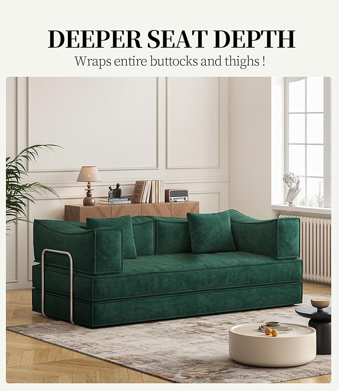 79" Convertible Sleeper Sofa Bed, Corduroy Folding Sleeper Couch with Fixed-Shape Frame, Boneless Couch for Living Room Bedroom, Floor Sofa Lounge No Assembly Required (Green)