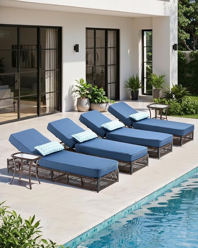 ACTREST Luxury Outdoor Chaise Lounge with 5 Inch Thickened Cushions - 1 Set High Back Brown Wicker Patio Recliners Rattan Reclining Chairs Porch Poolside Pool Sunbathing Lounger - Navy Blue