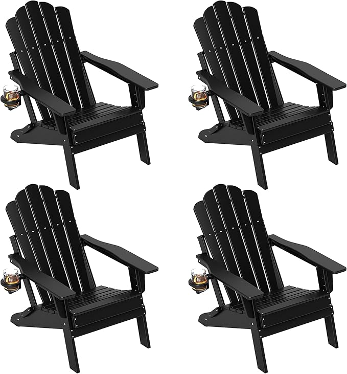FOOWIN Adirondack Chair Set of 4, Folding Adirondack Chair with Cup Holder, HDPE All-Weather Fire Pit Chair for Patio, Garden, Backyard, Poolside, Black
