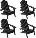 FOOWIN Adirondack Chair Set of 4, Folding Adirondack Chair with Cup Holder, HDPE All-Weather Fire Pit Chair for Patio, Garden, Backyard, Poolside, Black