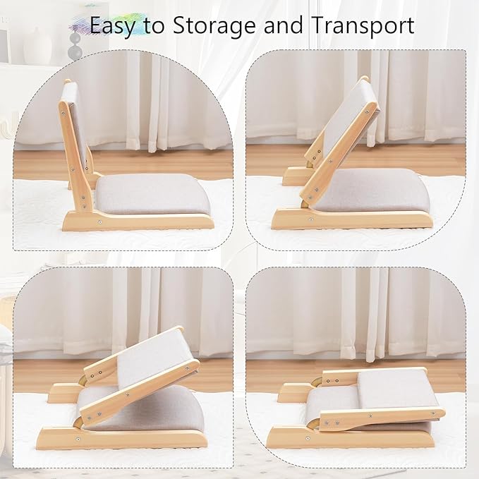 Japanese Floor Chair with Back Support, Foldable Meditation Chair, Legless Tatami Chair with Cushion, Floor Seat for Living Room, Bedroom, Bay Window (1, Gray)