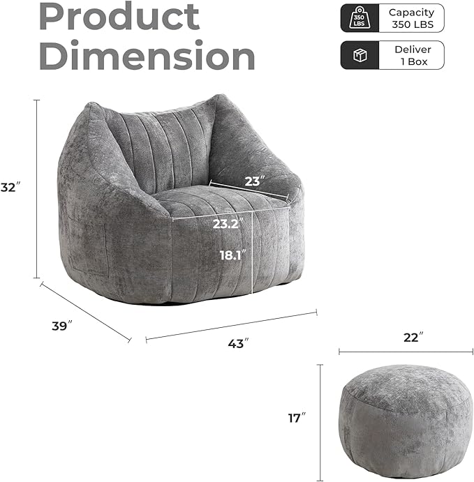 Giant Bean Bag Chair with Ottoman for Adults, Oversized Bean Bag with Filling Plush Fluffy,BeanBag Floor Sofa Chair with with Back Support for Living Room, Bedroom, Reading,Grey