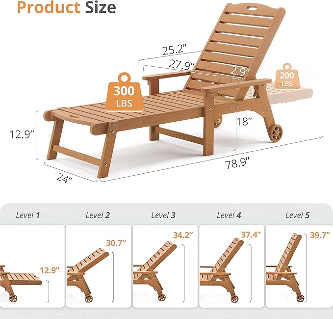 LUE BONA Outdoor Chaise Lounge, HDPS Chaise Lounger, 5 Positions Adjustable Lounge Chairs, Pool Lounge Chair with Wheels for Poolside, Backyard, Teak Color