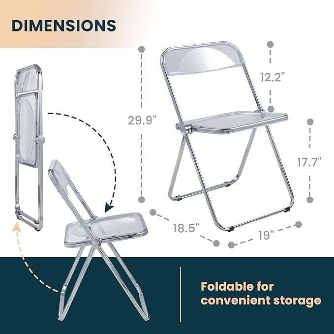 LeisureMod Lawrence Modern Clear Acrylic Folding Chair with Metal Frame, Space-Saving Transparent Seating for Dining Room, Home Office, Bedroom, Vanity or Small Spaces, (Clear, Set of 4)