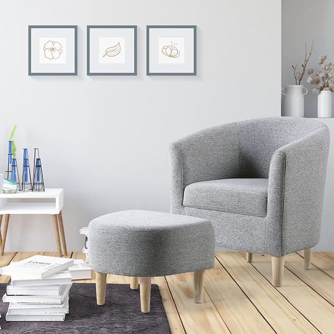 DAZONE Accent Chair with Ottoman, Modern Comfy Armchair Upholstered Barrel Club Chair and Footrest Set, Fabric Tub Arm Chairs for Living Room Bedroom Small Spaces Apartment Office, Set of 2, Gray