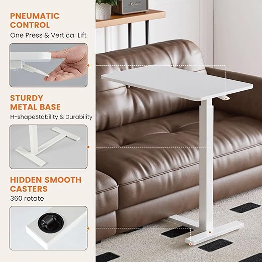 Mobile Bed Laptop Desk with Lockable Wheels and Height Adjustment Function Versatile Overbed Table for Hospital Bedside and Efficient Home Office, White