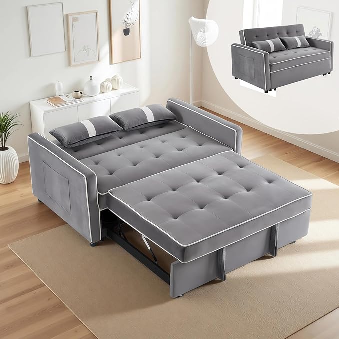 3 in 1 Convertible Loveseat Sleeper Sofa, Modern Futon Couch with Adjustable Backrest, Pull Out Sofa Bed Upholstered for Living Room Bedroom Apartment Small Space (Grey)