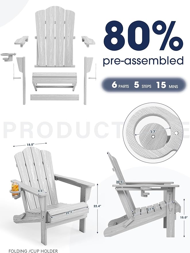 KINGYES Folding Adirondack Chair Set of 4, HDPE All-Weather Patio Chairs with Cup Holder, Wooden Textured Fire Pit Chairs for Poolside, Backyard, Deck, Silver Grey