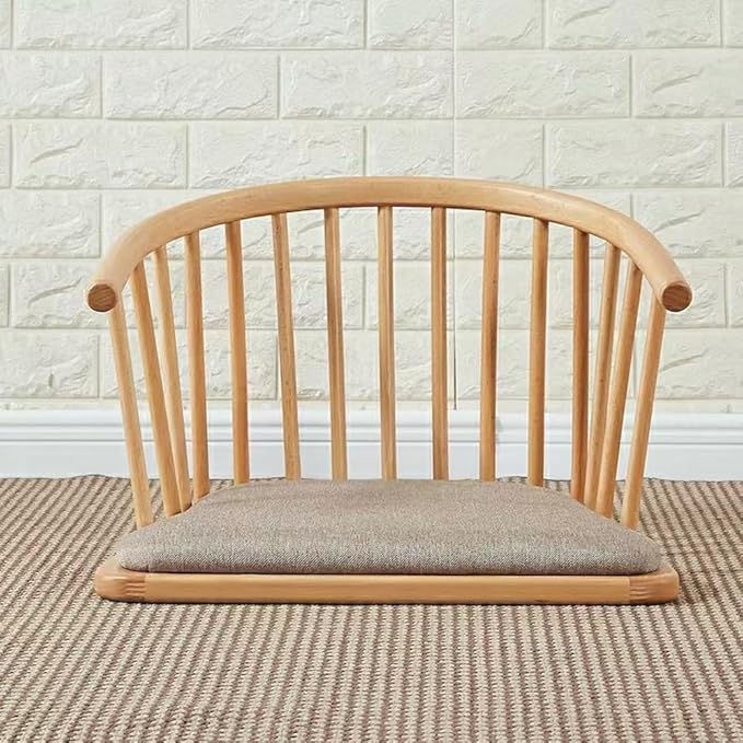 Solid Wood Floor Chair with Curved Back, Multi-Functional Low Stool for Living Room, Bedroom, Meditation Chair with Removable Cushion, Comfortable Legless Accent Chair(Brown)