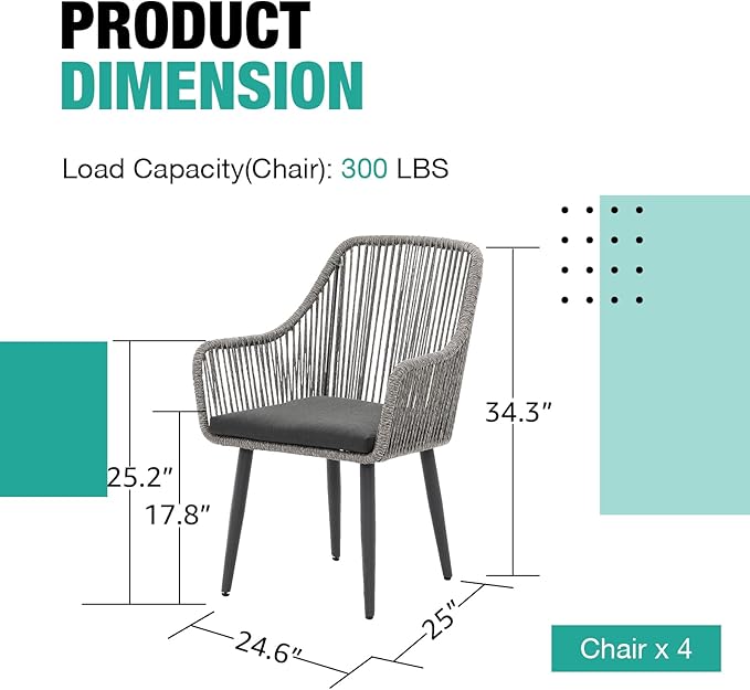Patiorama Outdoor Dining Chairs, Patio Dining Chair Set of 4, All-Weather Woven Rope Rattan Chairs, Outdoor Dining Wicker Chairs with Armrests for Indoor Balcony Pool Backyard(Gray)
