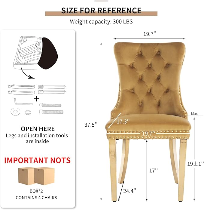 YeahFurn Mid Century Modern Dining Chairs Set of 4, Yellow Velvet Upholstered Tufted Back, Kitchen & Dining Room Chairs, Gold Metal Legs, Nailhead Trim, Sillas para Comedor (Yellow, 4 Pcs)